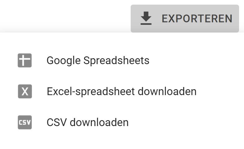 Export opties voor SEO statistieken in Google Search Console