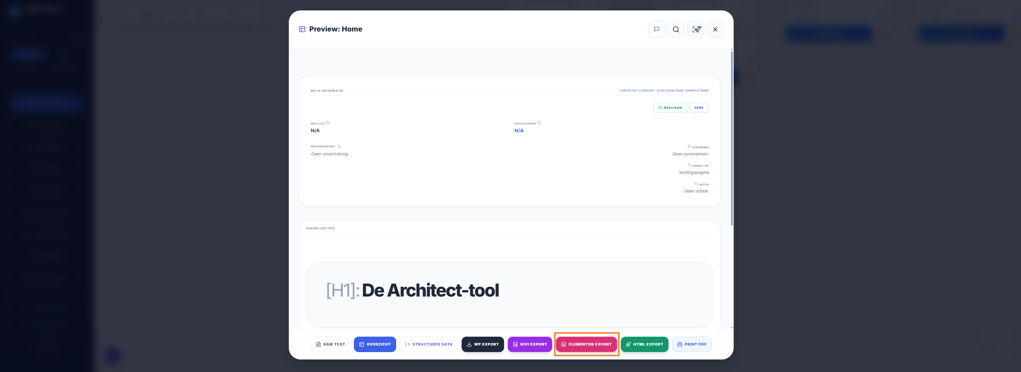 Knop Elementor export in de Architect om een pagina naar Elementor te exporteren