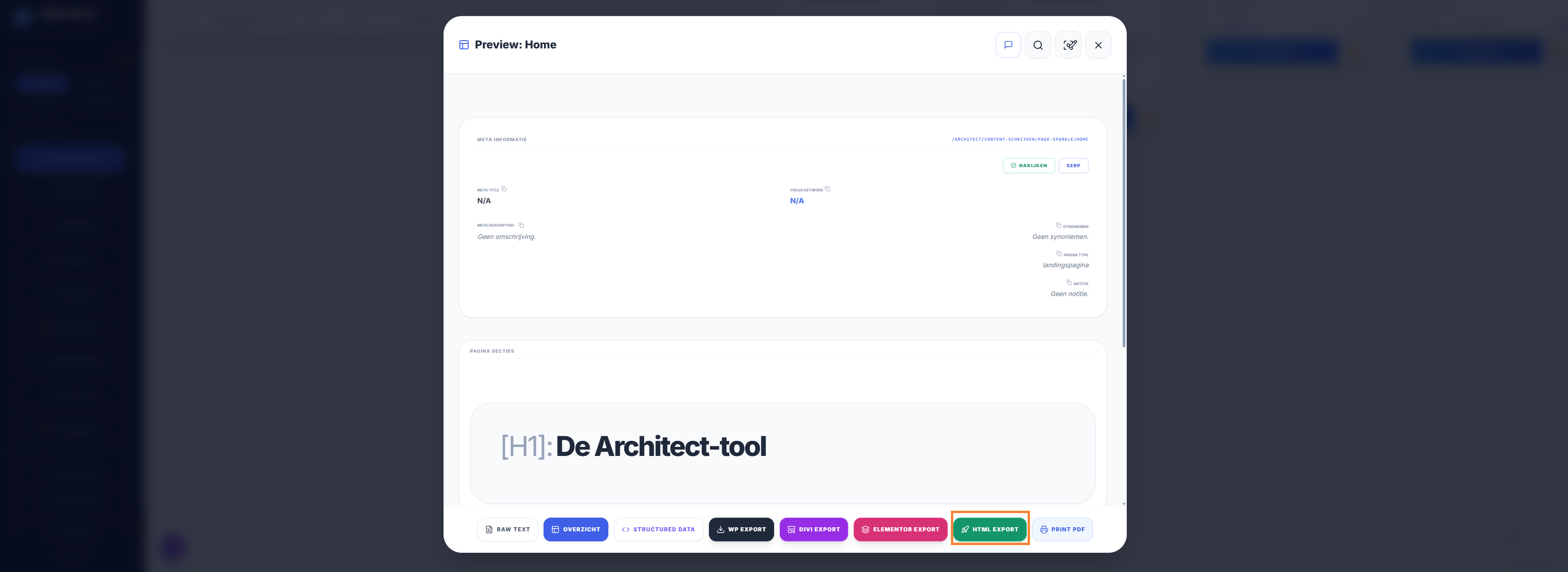 Knop HTML export in de Architect om een pagina als .html-bestand op te slaan