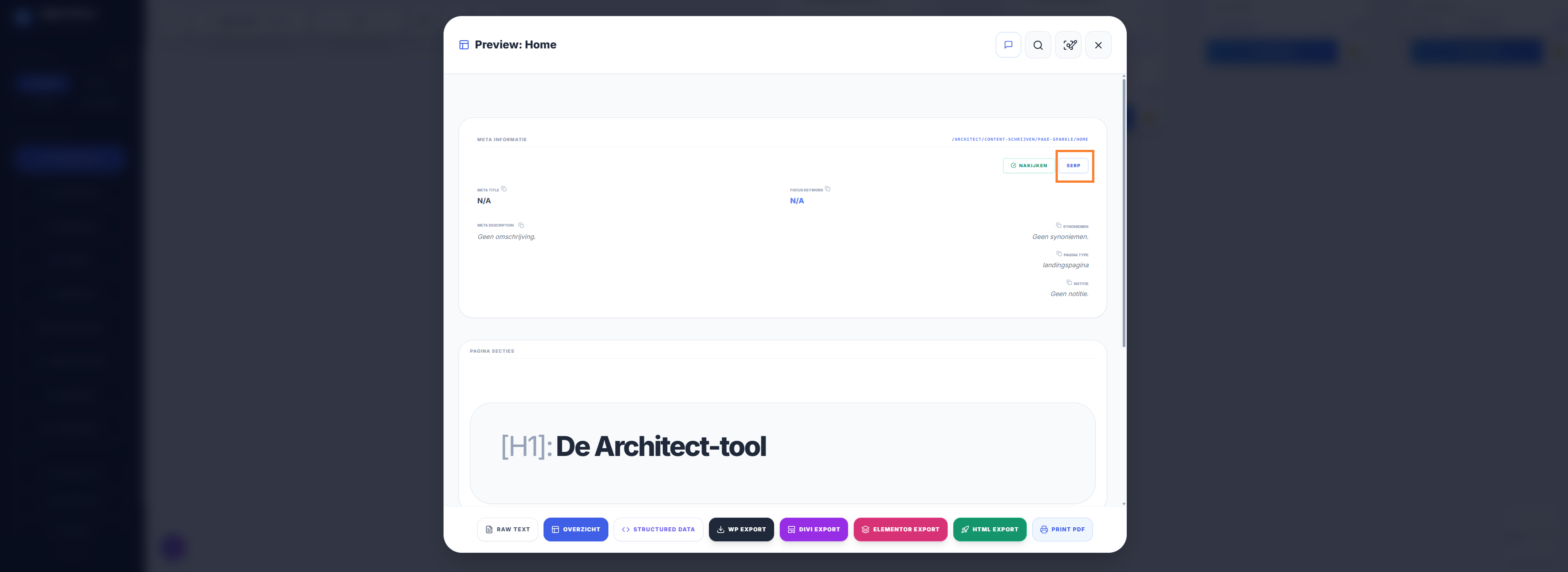 Knop SERP in het overzicht van de Architect: zo ziet je pagina eruit in Google