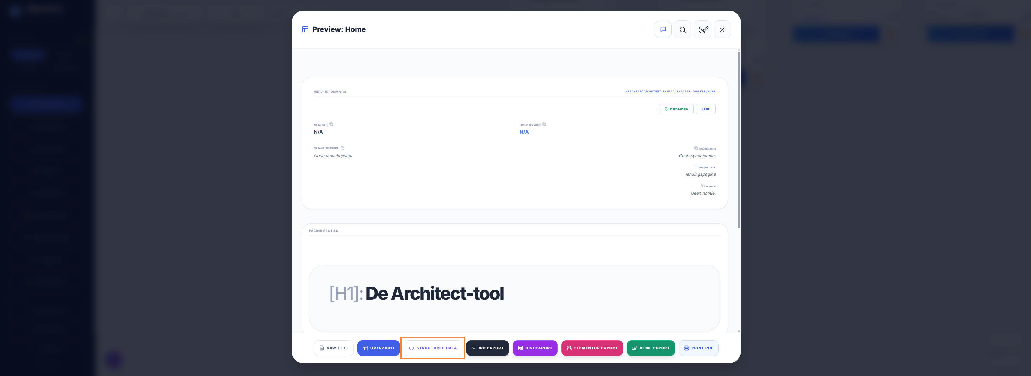 Knop Structured data in de Architect om de structured data van de pagina te verzamelen