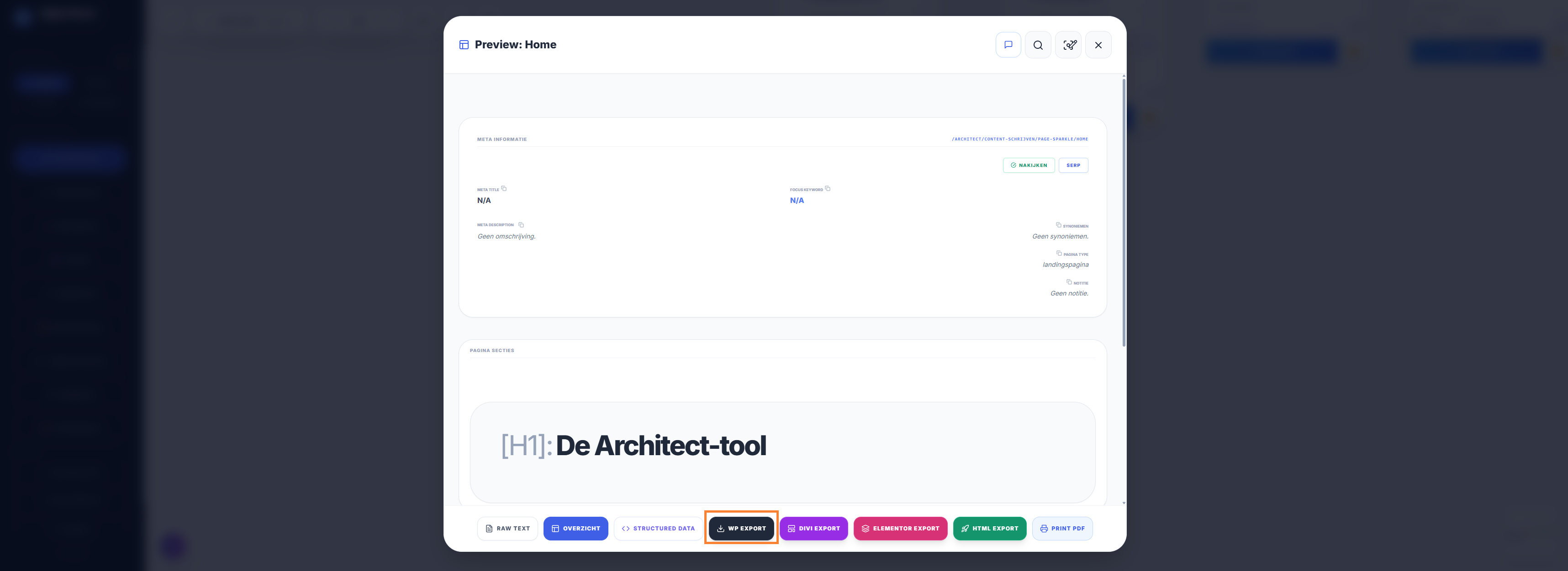 Knop WP export in de Architect om een pagina naar WordPress te exporteren