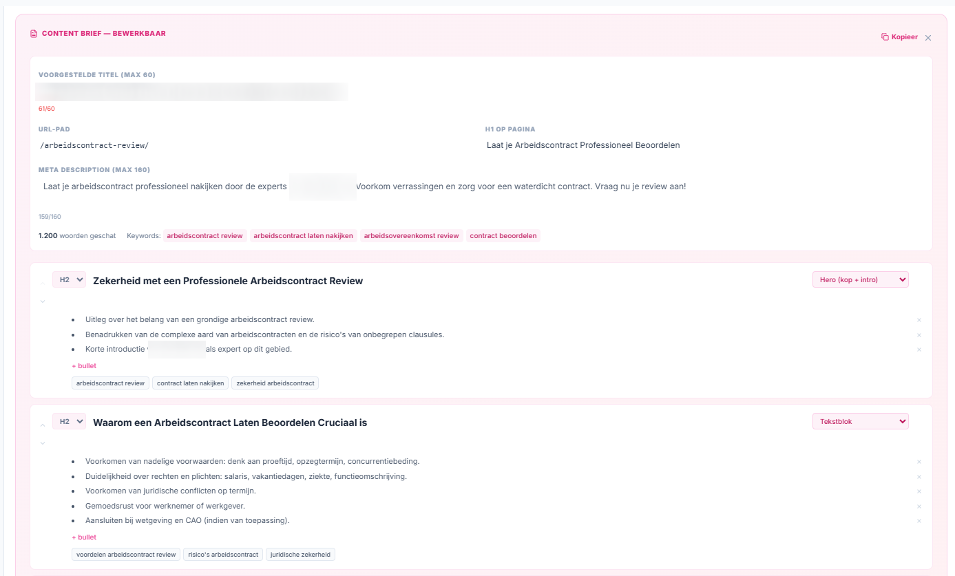 Content brief with title, URL, meta description and heading structure, written by AI